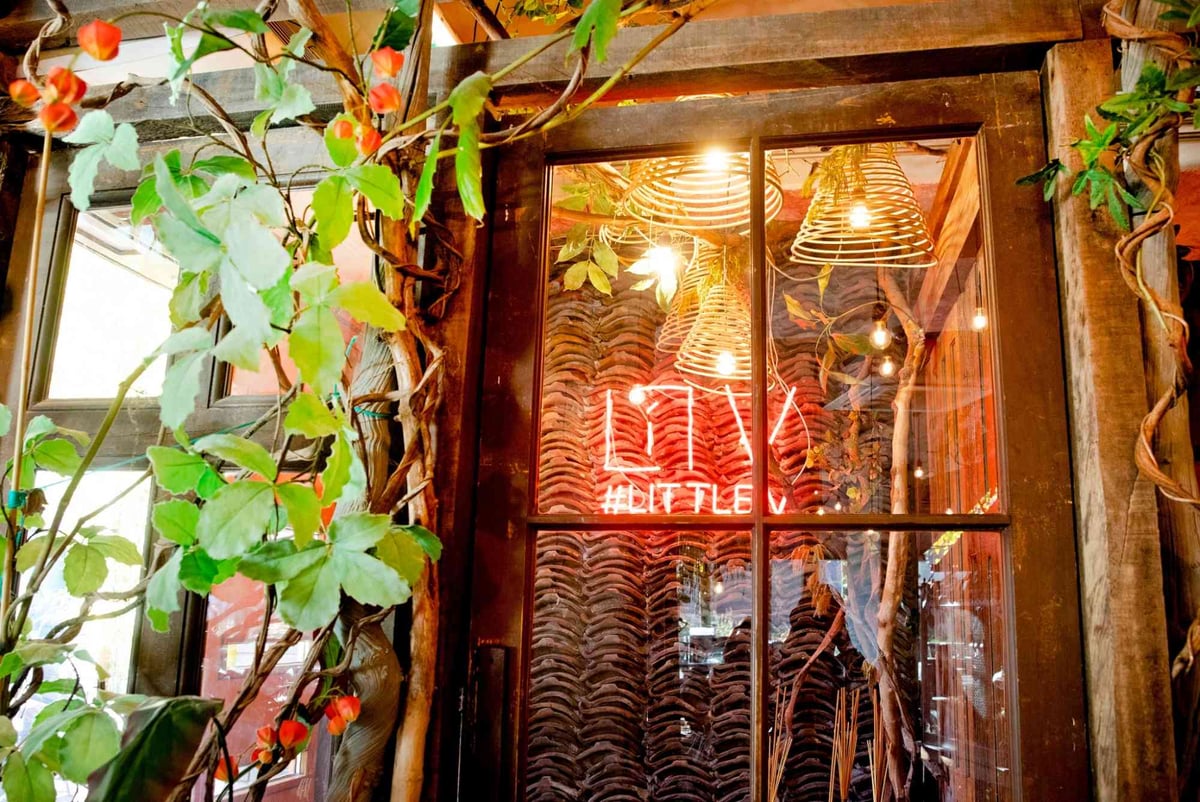 Entrance of Little V in Rotterdam with plants and neon lighting visible through the window